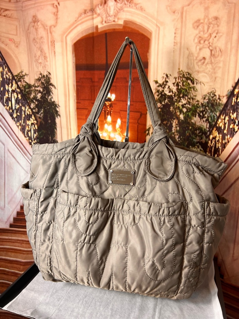 Marc Jacobs Quilted Tote Bag in Taupe Logo Plate on front Logo Lined Spacious